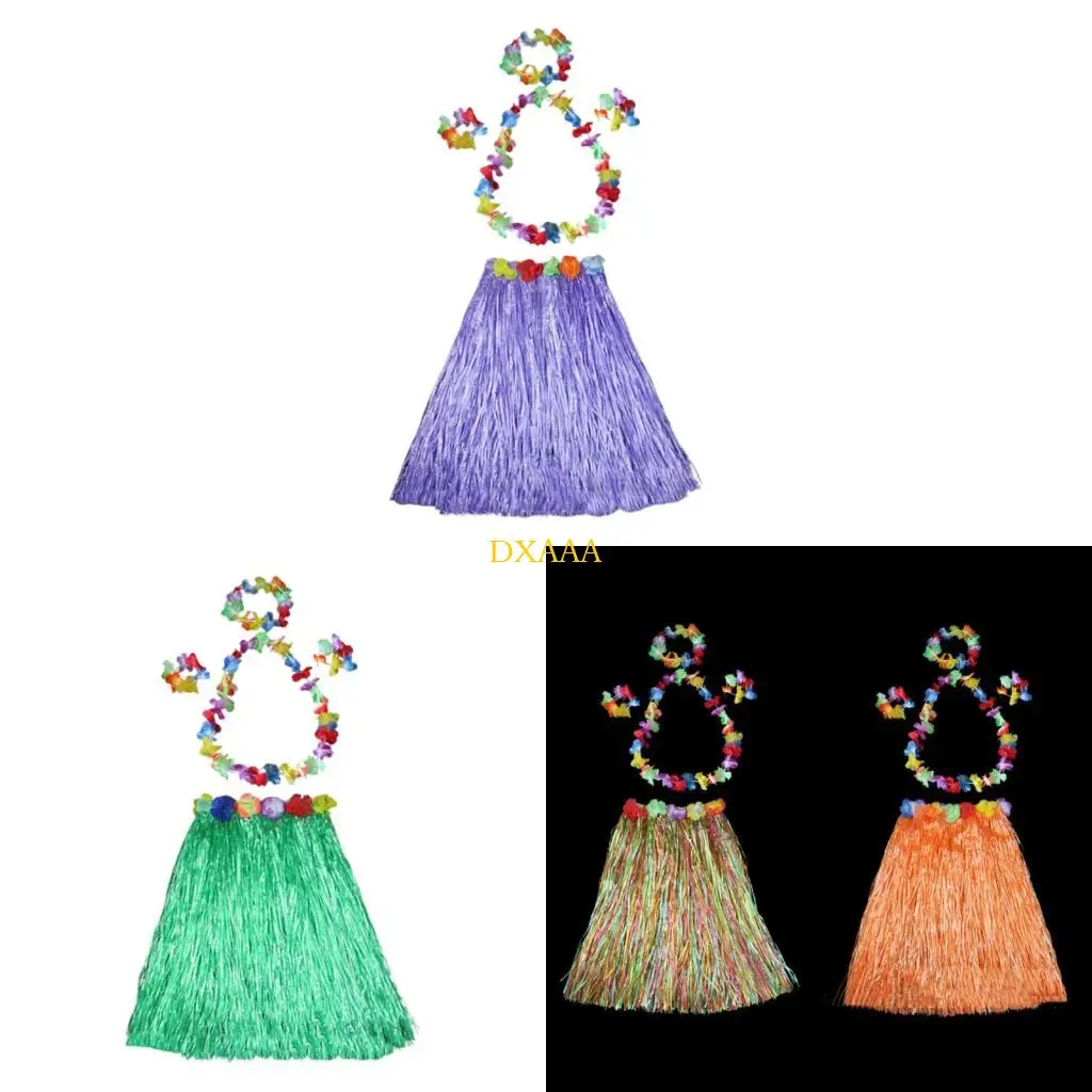 

DXAA Hawaiian Hulas Grass Skirt with Flower Costume Outfits Set Necklace Headband Bracelet for Luaus Beach Party Decor