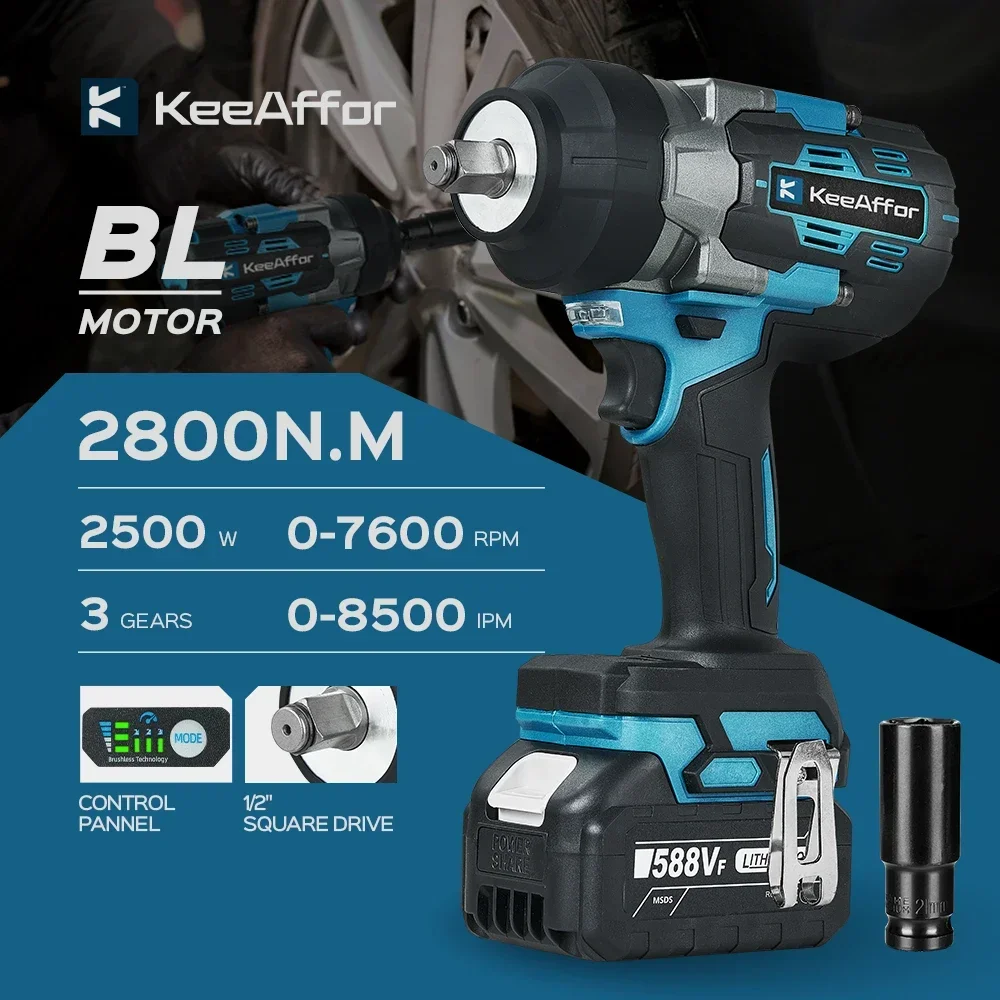KEEAFFOR 2800N.M 2500W Bürstenloser elektrischer Schlagschrauber 1/2 Zoll 3Gang Akku-Bohrschrauber