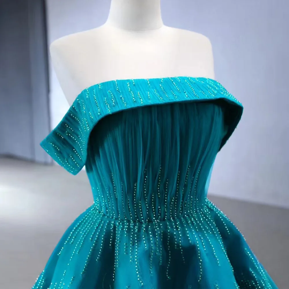 Robe de soirée bleue sans bretelles, épaules dénudées, dos à lacets et perles, personnalisable, pour femmes