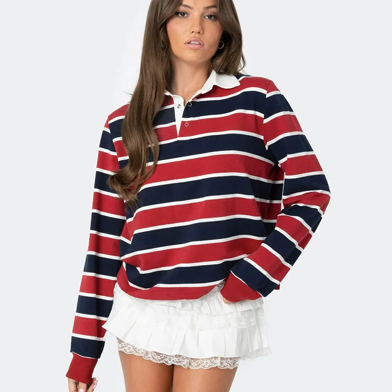 

Spring and Autumn striped polo shirt women's fashionable long sleeved sportswear Harajuku pullover casual base shirt