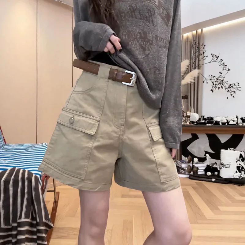 Khaki Cargo Shorts for Women Summer Loose Fit Casual Short Pants Plus Size Drawstring Cotton Shorts