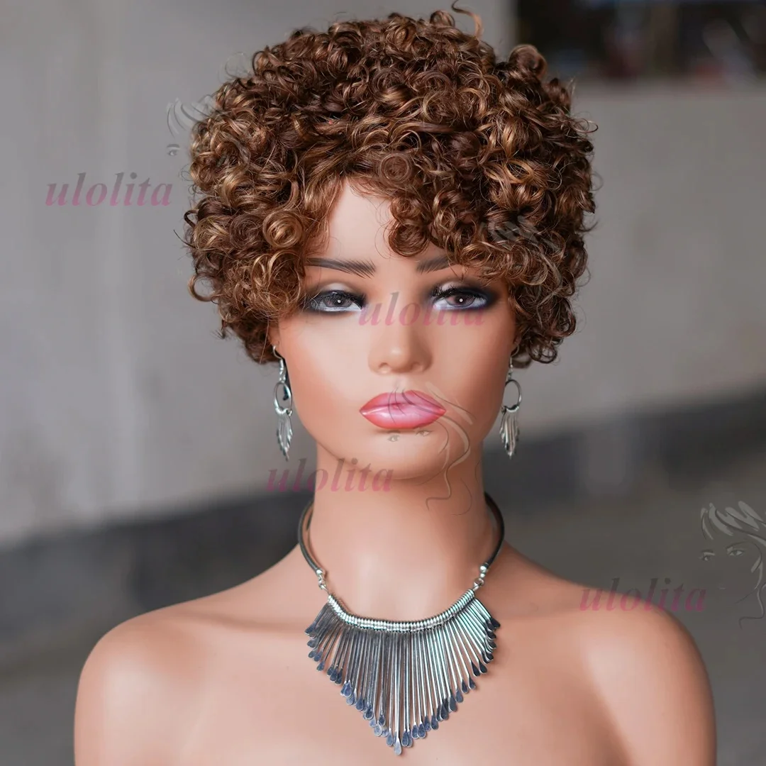 6 Zoll kurze lockige Perücken mit Pony, 4/30 Highlight Piano-Farbe für schwarze Frauen, Echthaar Pixie Cut, federnde lockige Echthaarperücken – Detail 8
