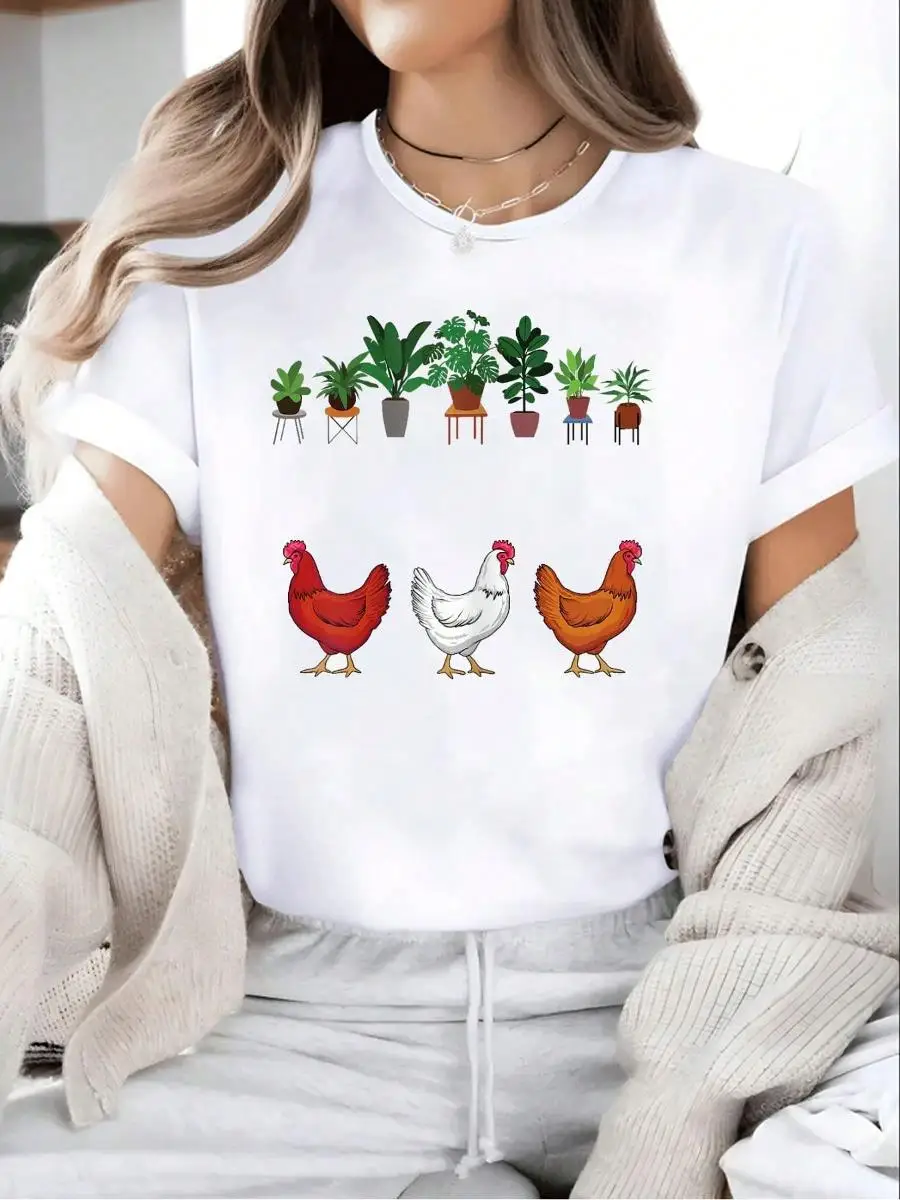 Funny Chicken Art For Men Women Gardening Chicken Lover Crew Neck Short Sleeve T-Shirt, Casual Print Graphic Cotton Tees Women Tops