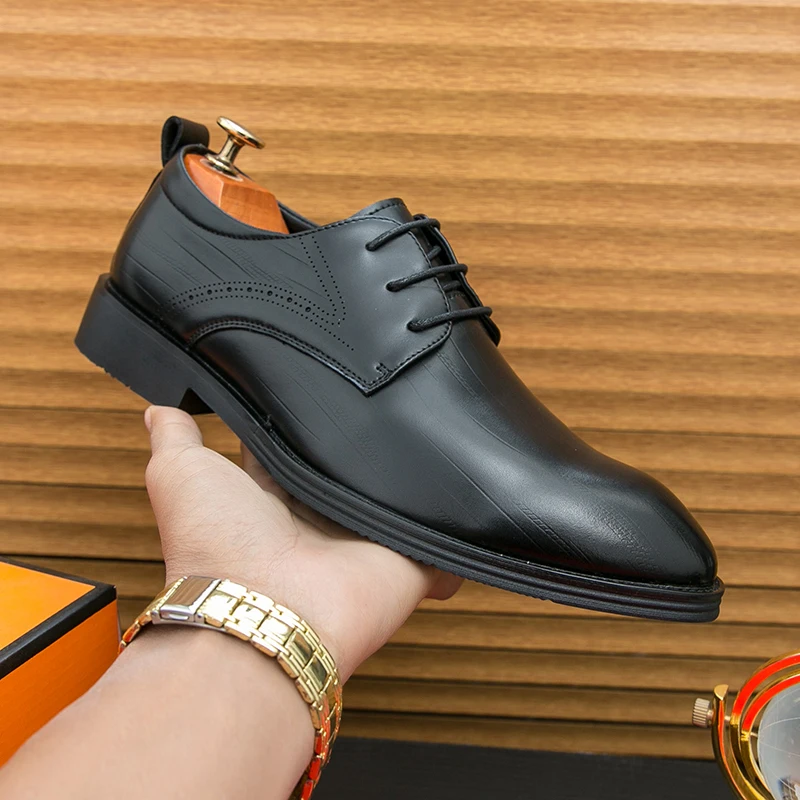 

New Men Derby Shoes Comfortable Breathable Lace Up Pointed Toe Business Dress Casual Leather Shoes