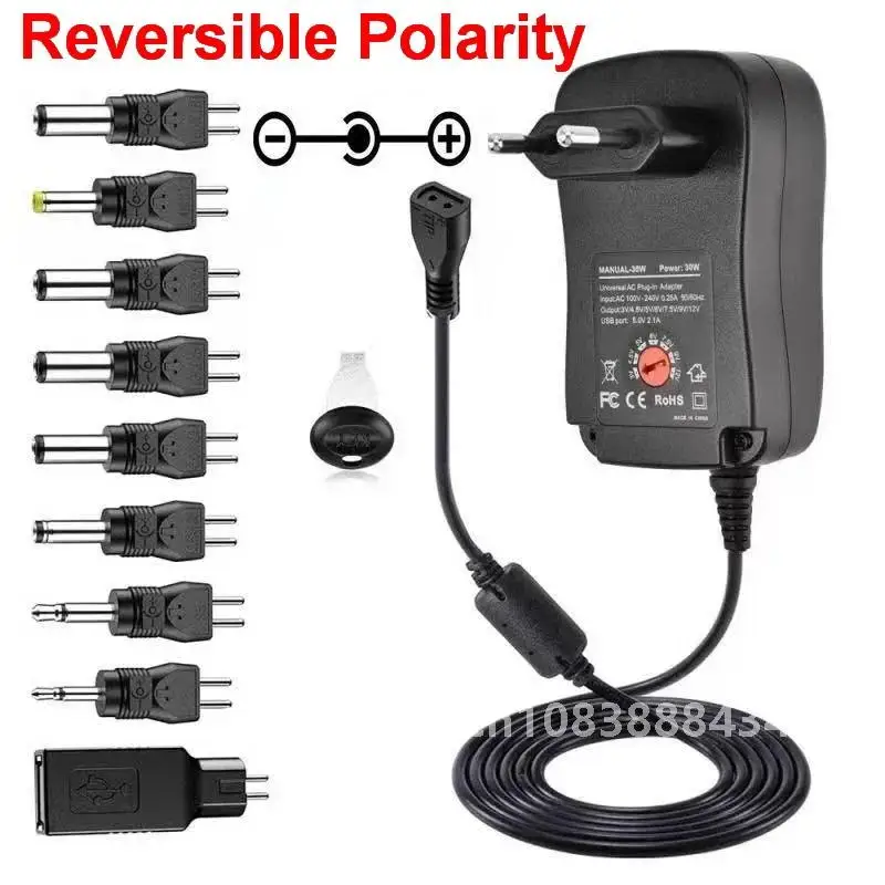 30W Universal Adjustable Power Adapter Charger AC To DC Plug 3V 4.5V 5V 6V 7.5V 9V 12V 2A 2.5A 2500mA Reverse polarity