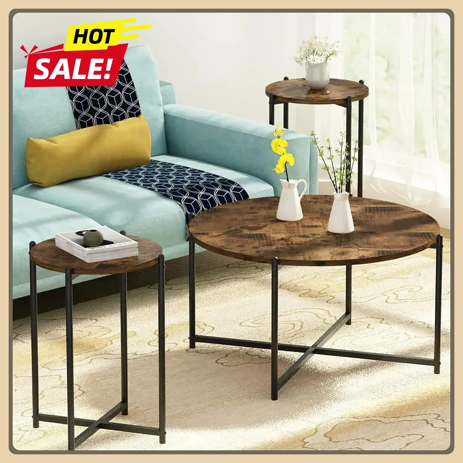 

Living Room Coffee Table Set, Rustic Brown Living Room Table Round Center Table with Metal Legs Set of 3 Modern