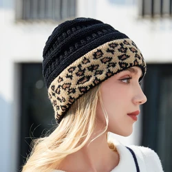 10 Colors Leopard Beanie Women Stretch Knitted Crochet Beanies Winter Hats For Women Warm Lady Messy