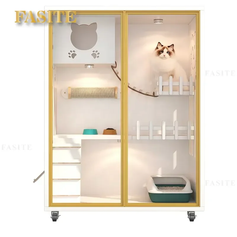For Luxury Solid Wood Cat Villa Cage Panoramic Indoor Pet House with Transparent Glass Spacious Animal Pattern Furniture