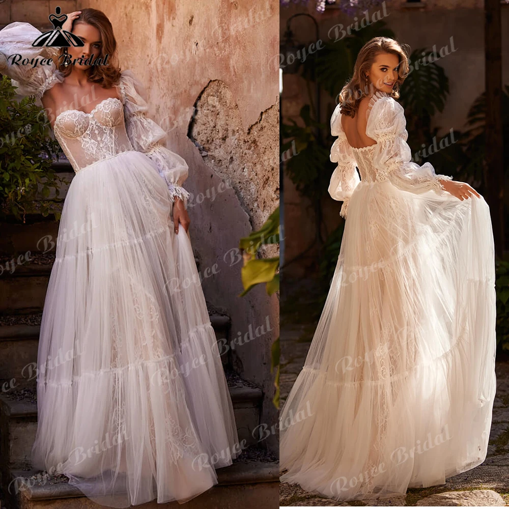 Sweetheart Lace Corset A-Line Wedding Dress with Detachable Puff Tulle Sleeves Tiered Tulle Bridal Gown Customizable
