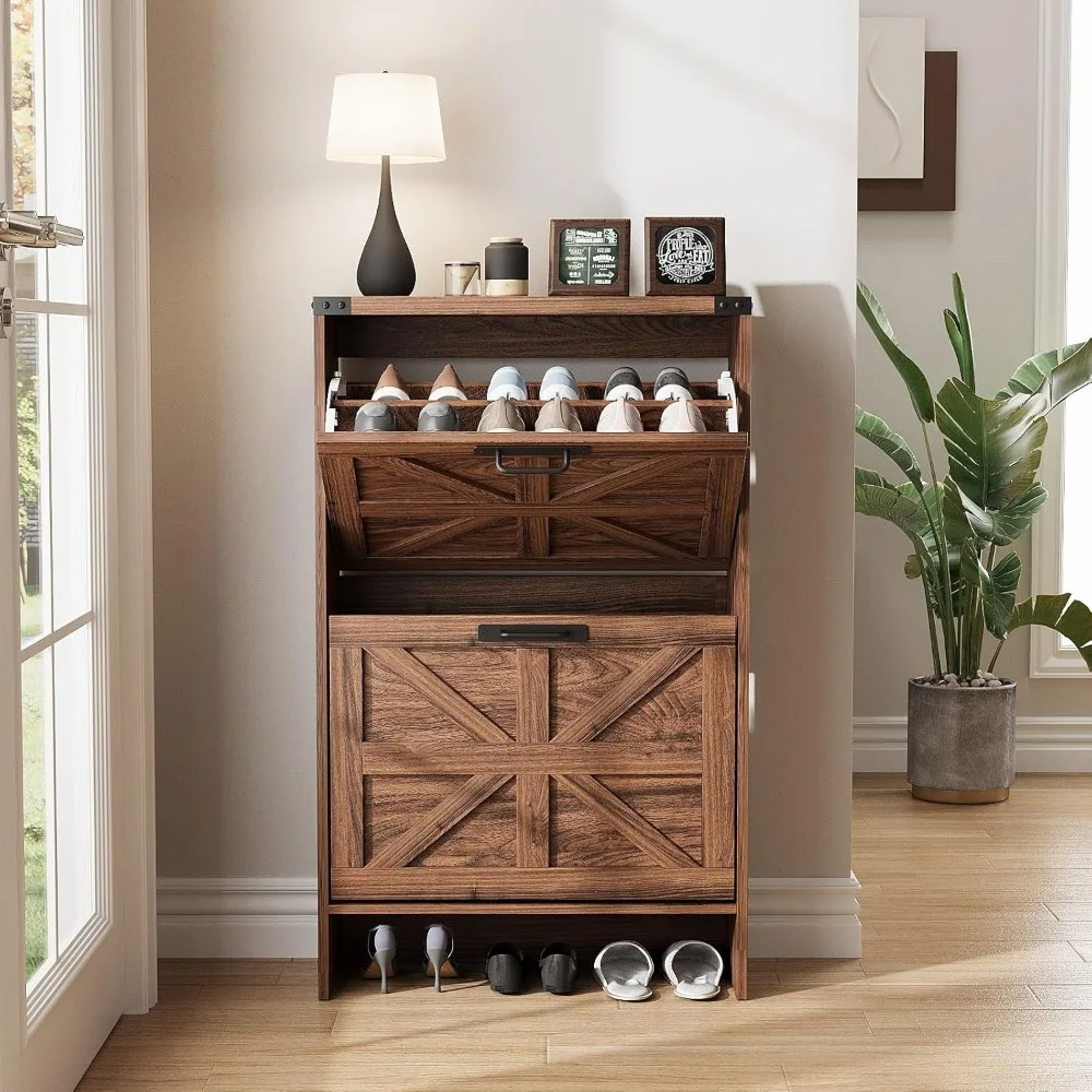 Gabinete de almacenamiento de zapatos delgado estilo granja - Estante organizador de entrada estrecha con 2 cajones para un almacenamiento eficiente de zapatos