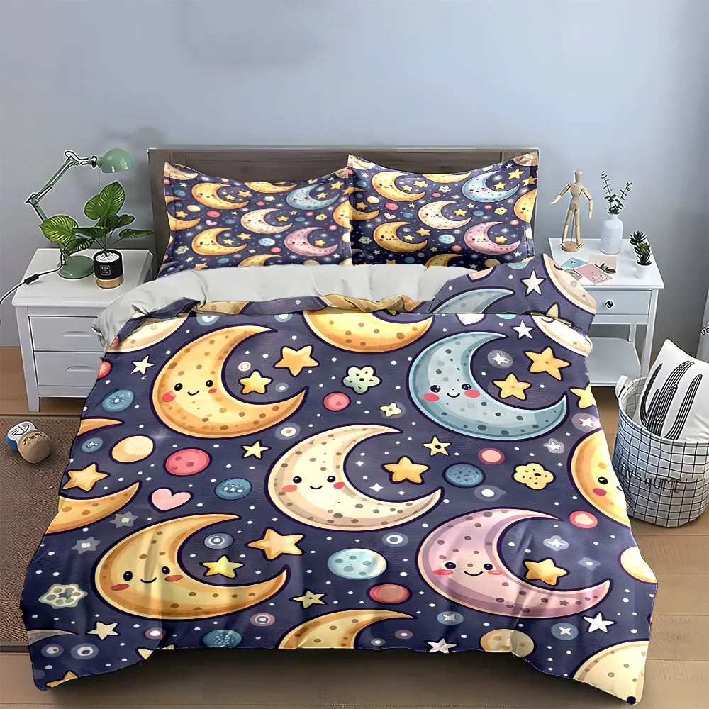 

"Moon Stars Pattern Decoration Set" Bedding Set with 1 Duvet Cover 2 Pillowcases Single Double King Queen, Gift