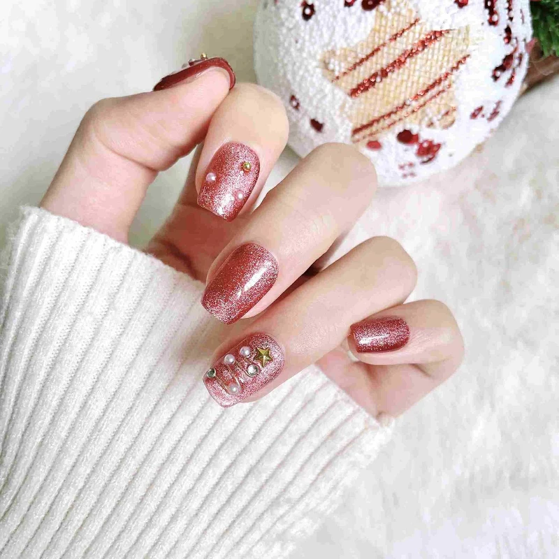 

10Pcs Handmade Nail Cat Eye Sparkling Christmas Short Square Style with Stars and Pearls Press-On Nails Perfect for Gift To Girl
