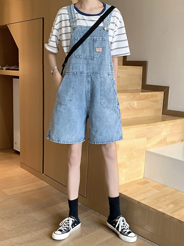 Korean Women Denim Overalls Shorts Loose High Waist Straight Wide Leg Shorts Leisure Female Knee Length Straps Shorts