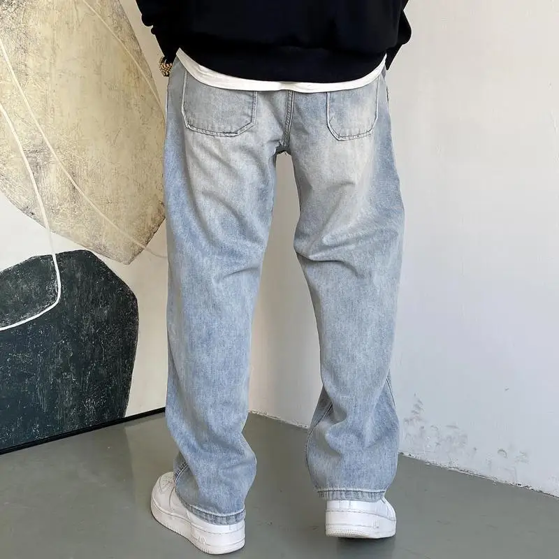 American Casual Cool Retro Retro Retro Light Blue Jeans Men\'s Straight Leg Loose and Versatile Wide Leg Pants