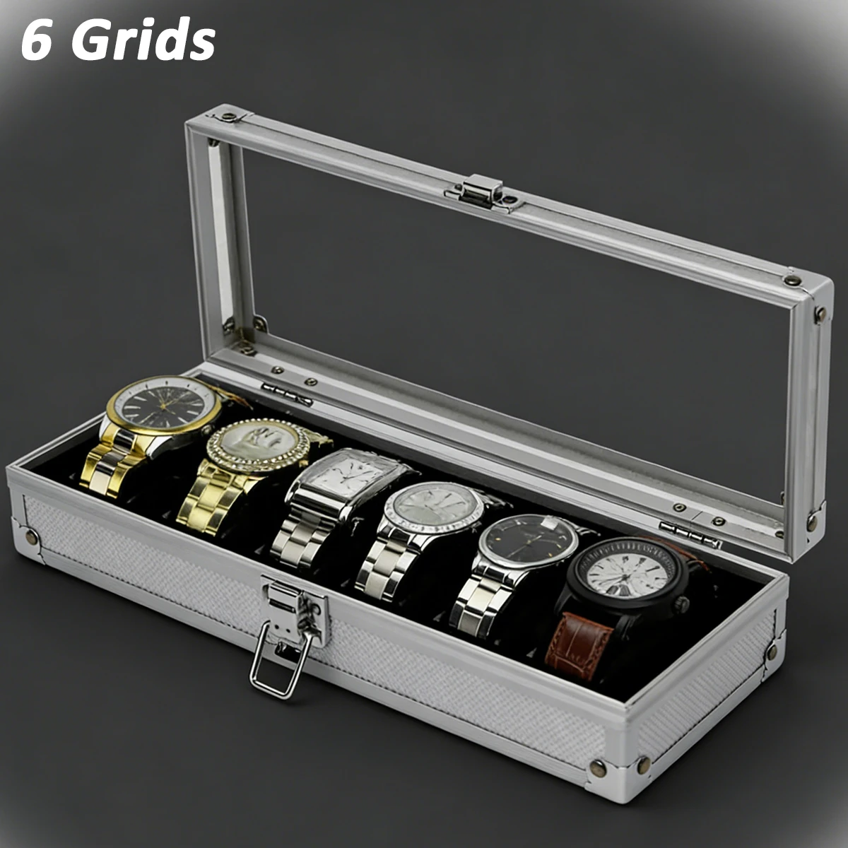 Aluminum Watches 6 Grids Watch Storage Box Suitcase With Glass Window Watch Storage Aluminum Case  Watch Box Organizer For Men