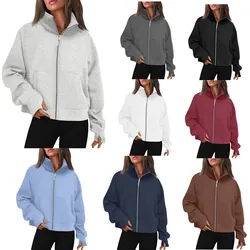 Autumn Winter Fashion Women Cotton Fleece Long Sleeves Thumb Hole Zipper Short Stand-Up Collar Thick Cardigan Sports Hoodie