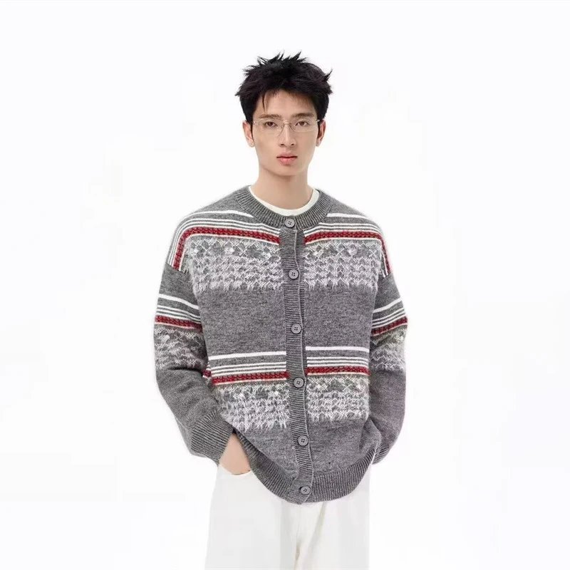 

Winter Retro Ethnic Jacquard Button-up Cardigan Sweaters For Men Casual Striped Fluffy Knitted Jackets Y2K Streetwear Cardigans
