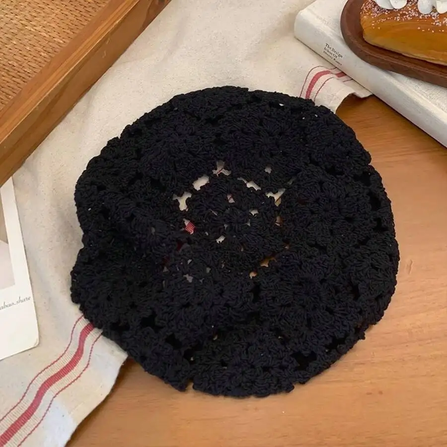 

Handmade Crochet Hollow Beret For Women, Japanese Retro Style Summer Thin Hat