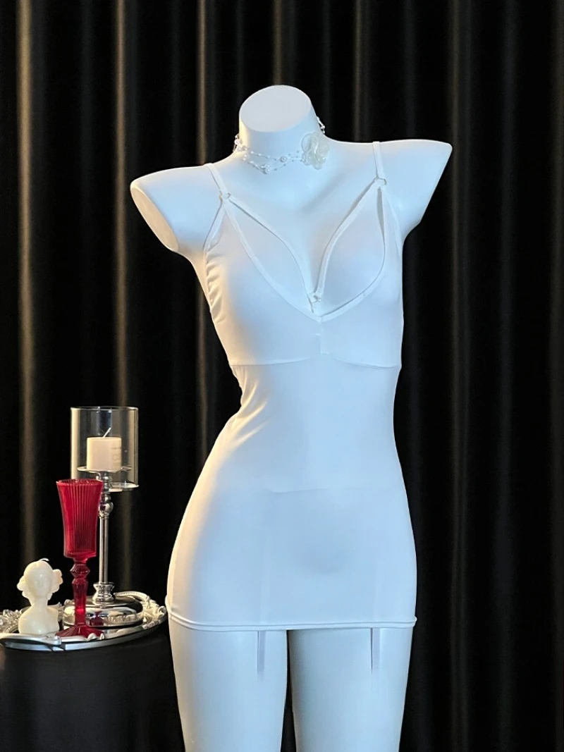 

Elegant White Halter Nightgown for Women,Deep V Lace Patchwork Sleepwear,Pure Desire Green Tea Style Pajama,Sexy Slim Dress