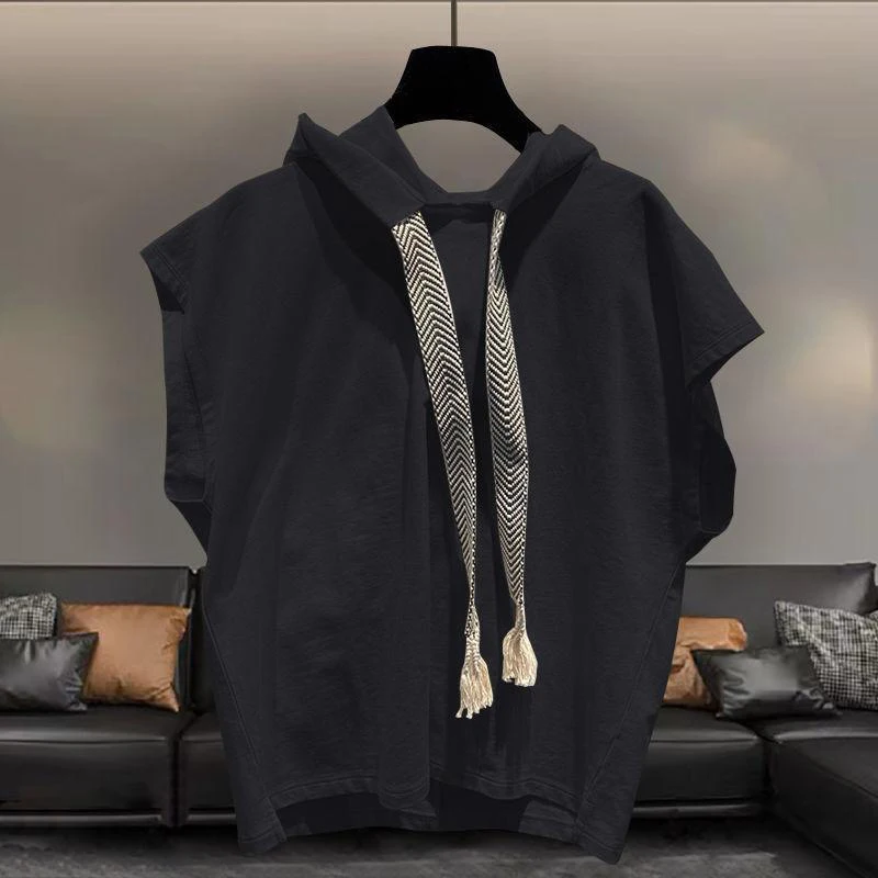 Summer Solid Men Drawstring Hooded Tank Top Fashion All-match Punk Casual 2xl Oversized Clothing Vest Tee Black White Street Gym