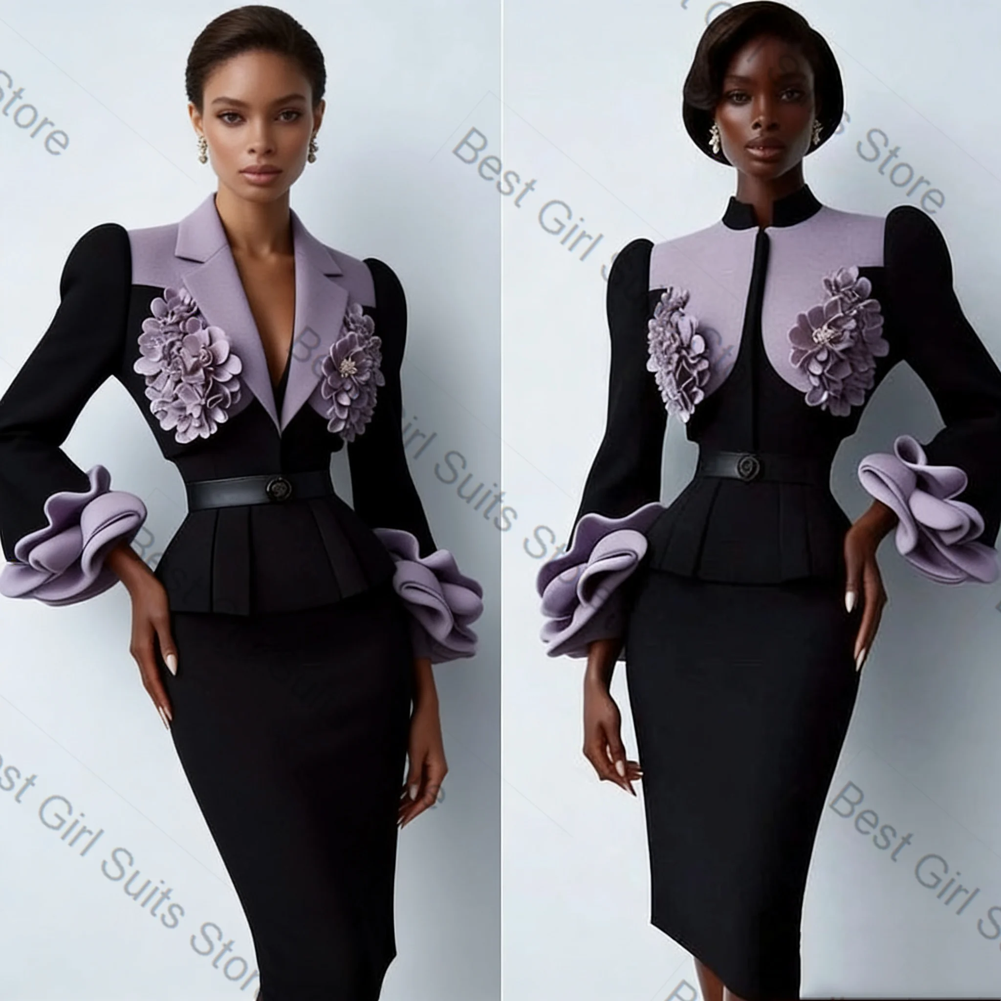 

Black Purple Women Suit Skirt Set 2 Piece Blazer+Prom Dress 3D Flower Cotton Formal Office Lady Jacket Customized Wedding Coat