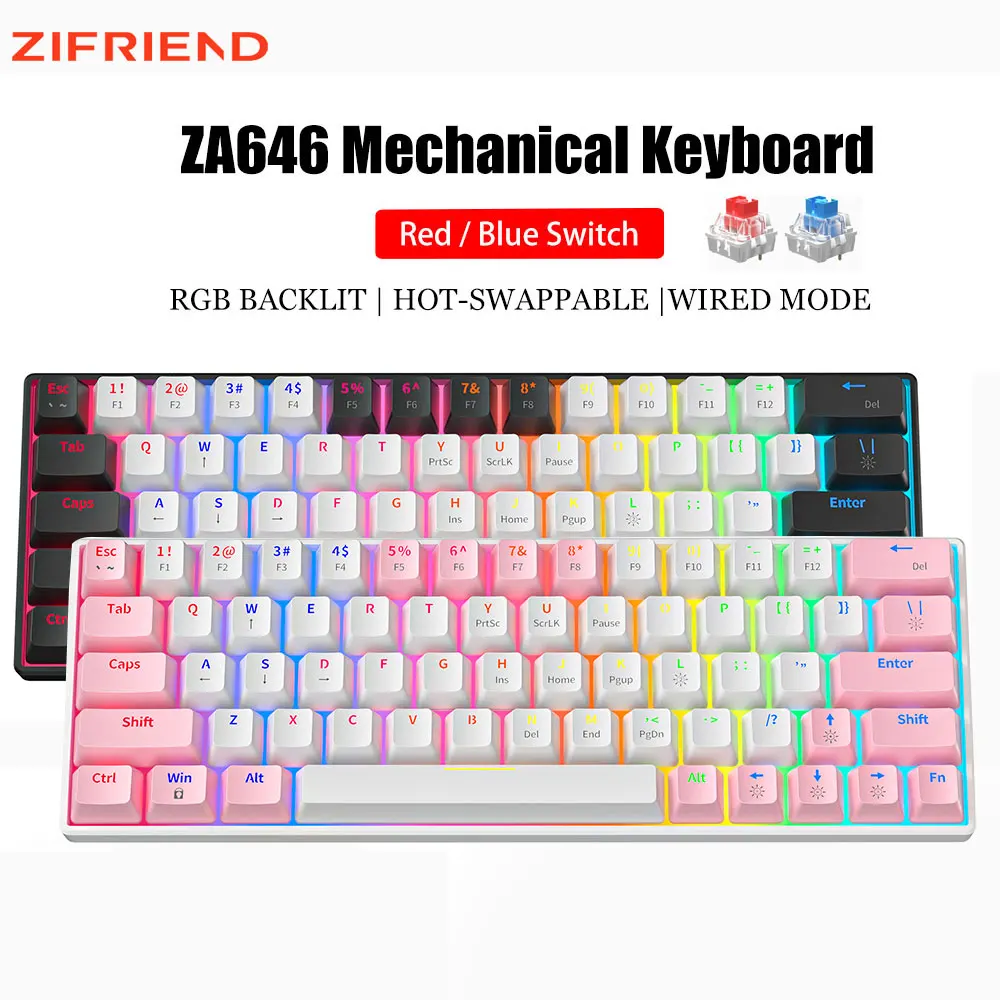 

ZIFRIEND ZA646 Мини-механическая клавиатура 63 клавиши с возможностью горячей замены RGB подсветки красный синий переключатель проводная игровая клавиатура для ПК геймера