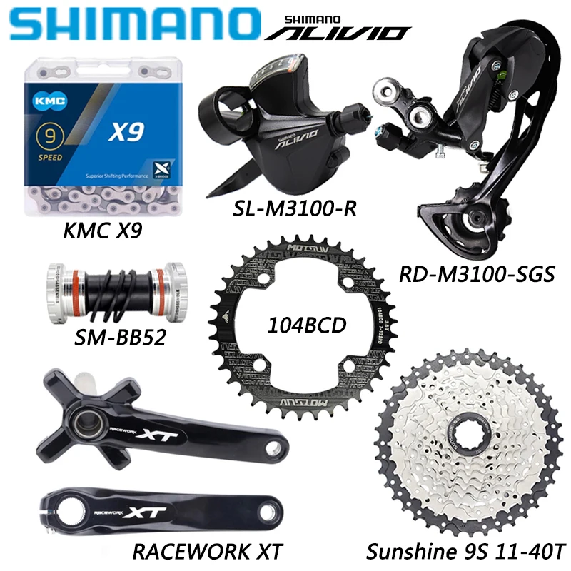 SHIMANO AVILIO M3100 1X9 Speed Bike Groupset Shifter RD-M3100 Derailleur KMC X9 Chain SUNSHINE Cassette Racework XT Crankset