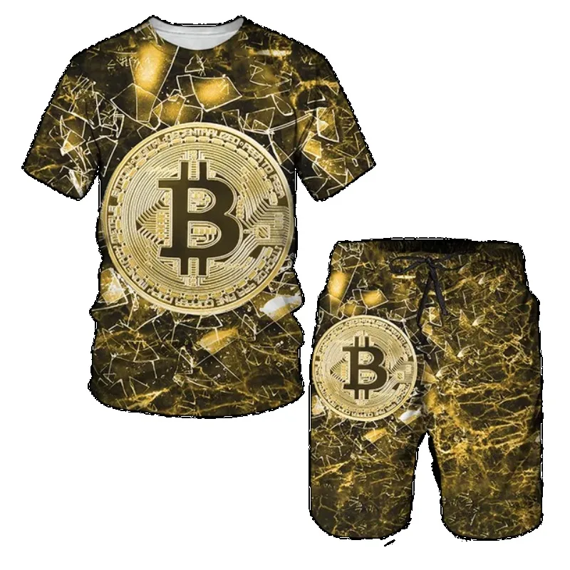 Set Kaos Lengan Pendek Oversize Pria 2025 Pakaian Olahraga Setelan Camping Kaos & Celana Pendek Cetak 3D Bitcoin Modis