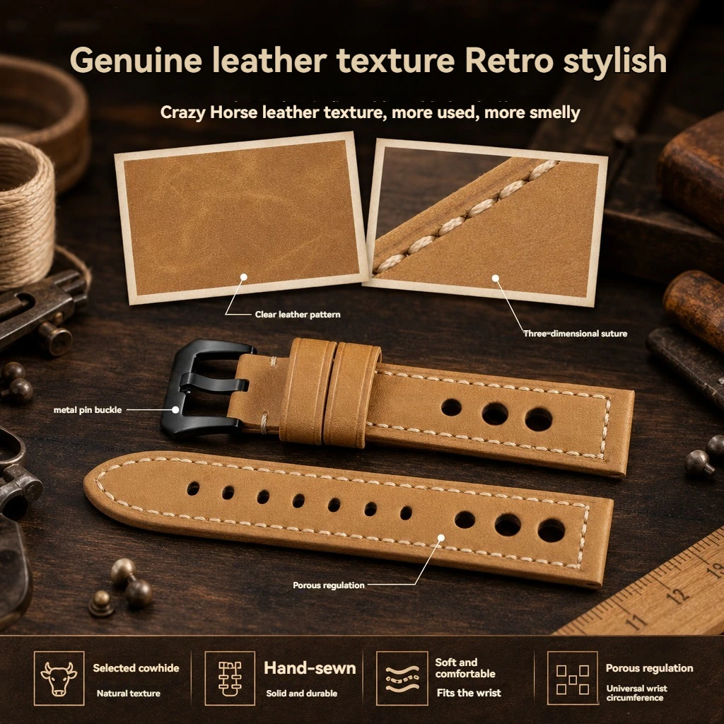 22mm 24mm Vintage Crazy Horse Leather Replacement Watch Strap for Panerai PAM441 PAM111 Cowhide Retro Handmade Band