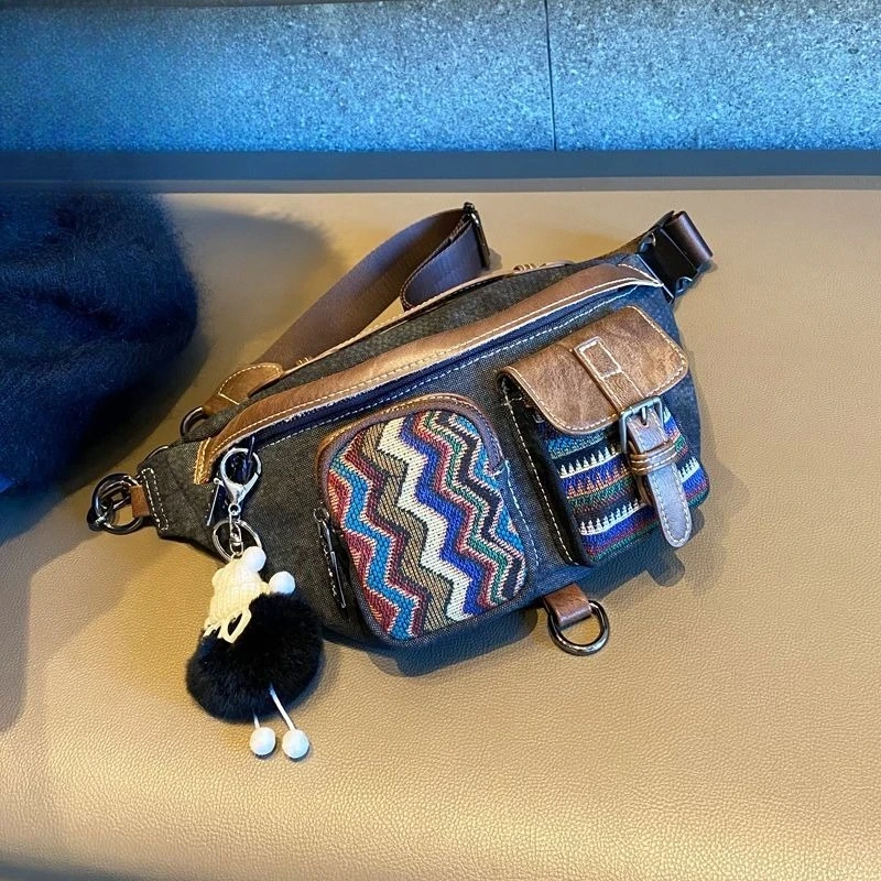 

Denim Canvas Female Crossbody Waist Bag Ethnic Style Embroidery Neutral Trend Dumpling Breast Bag Retro Exquisite Personality