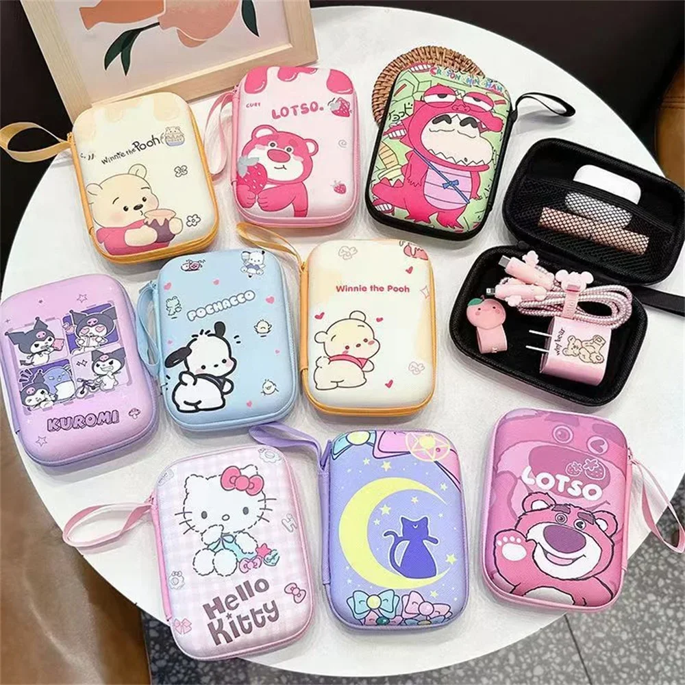 Sanrio Hello Kitty Kuromi Data Cable Storage Bag Anime Cartoon Portable Charger Earphone Coin Sorting Case Organizer Carry Box