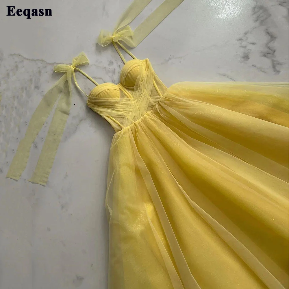 

Yellow Glitter Tulle Midi Prom Dresses See Through Top Tea Length Customized Graduation Dress Pleats Women Formal Party Gowns