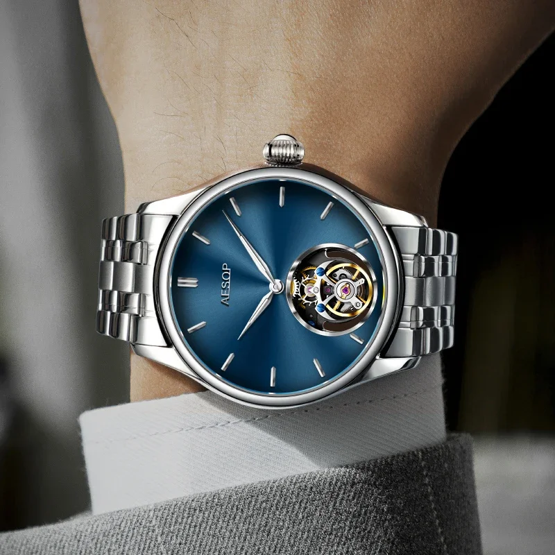 AESOP 100 Tourbillon Mechanical Skeleton Watch for Men Silver Steel Belt Fashion Mens Watches Manual Waterproof 2022