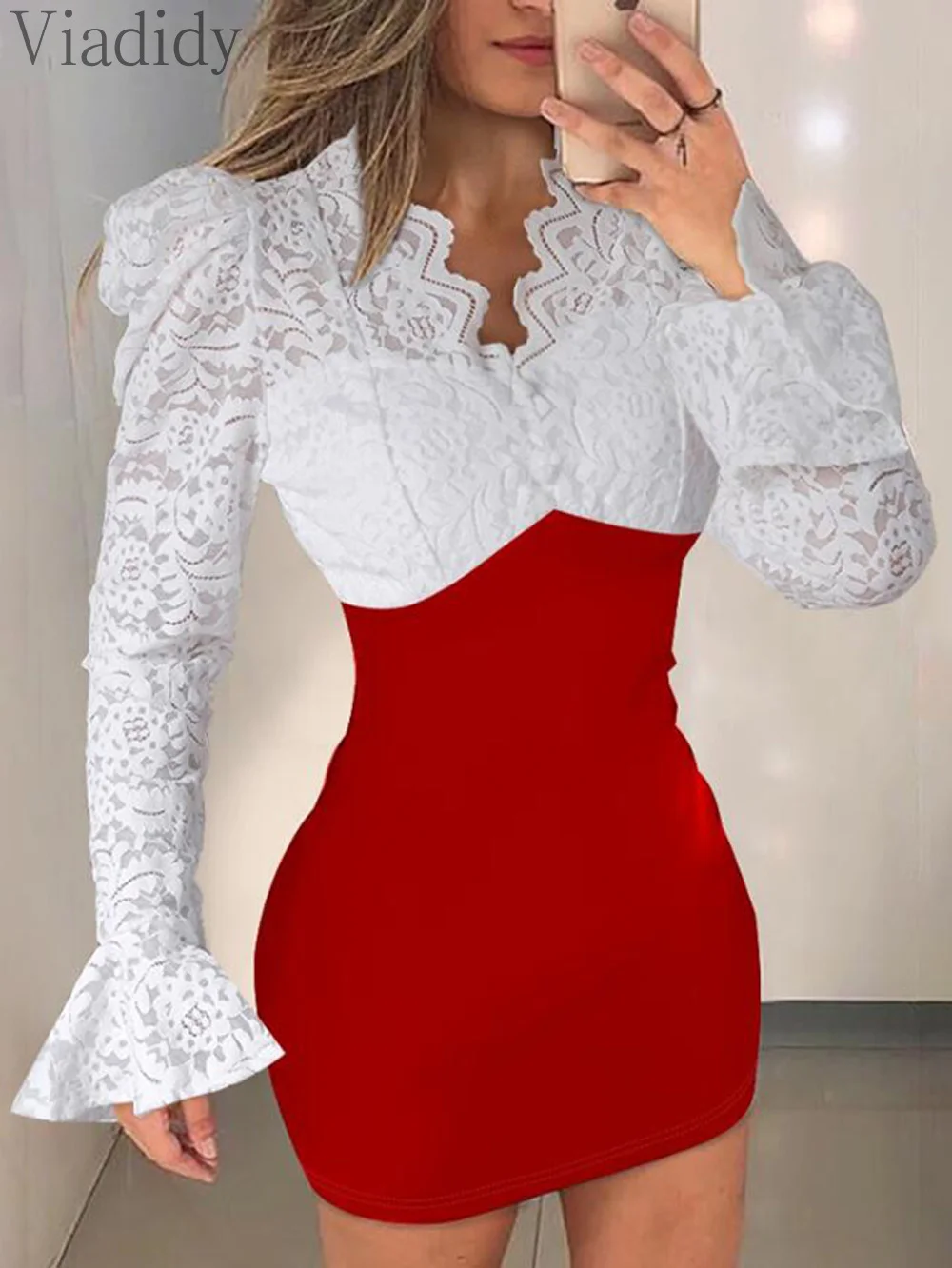 

Women Sexy Colorblock Deep V Neck Contrast Lace Bell Sleeve Bodycon Dress