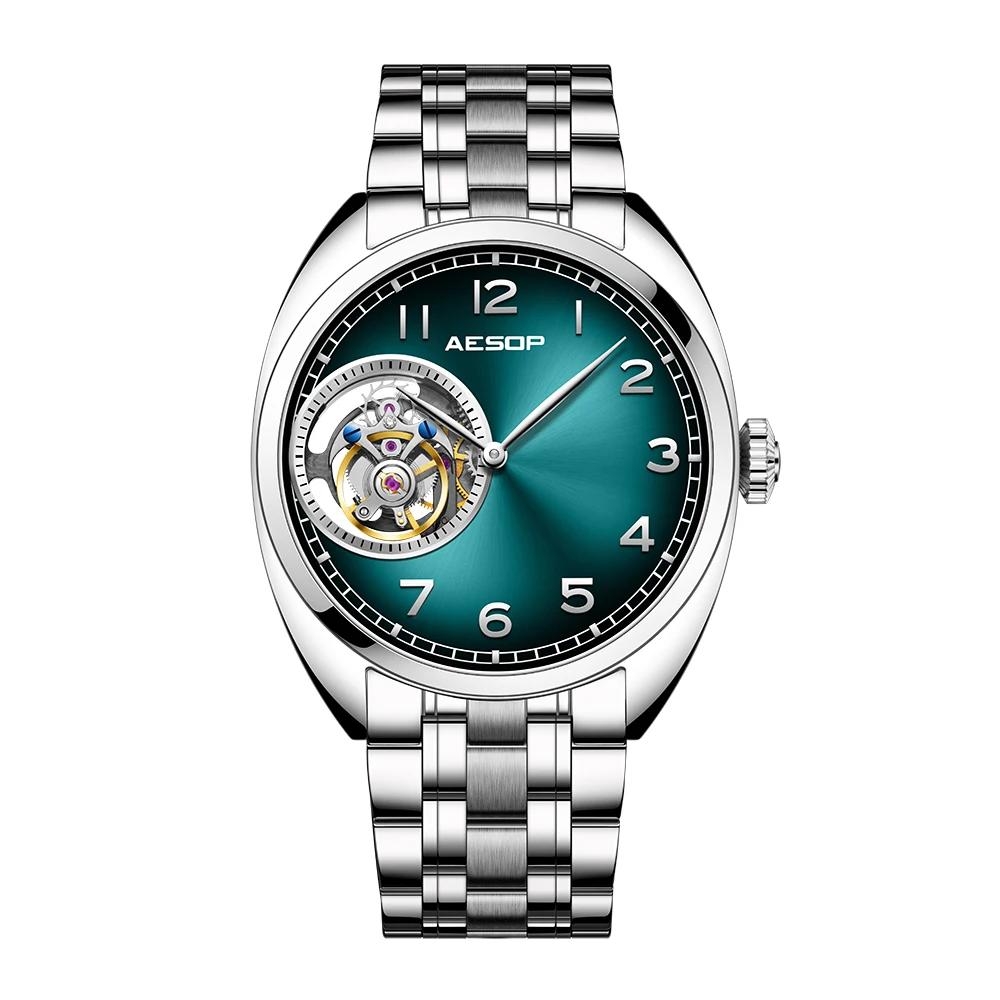 AESOP（manual 7056G）42mm Tourbillon Automatic Watch 316L Steel Sapphire Crystal Waterproof Men Watch, Leather/Steel Strap