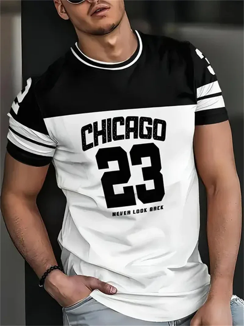 Herren Chicago 23 Print T-Shirt Lässiges Rundhals-Kurzarm-Shirt Schwarz Weiß Sportliche Oberteile für Basketball-Fans und Alltag