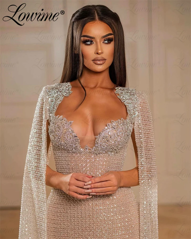 Heavy Beaded Celebrity Dress Luxury Arabic Evening Gowns Cape Sleeves Women Prom Dresses Crystals Engagement Wedding Party Dress