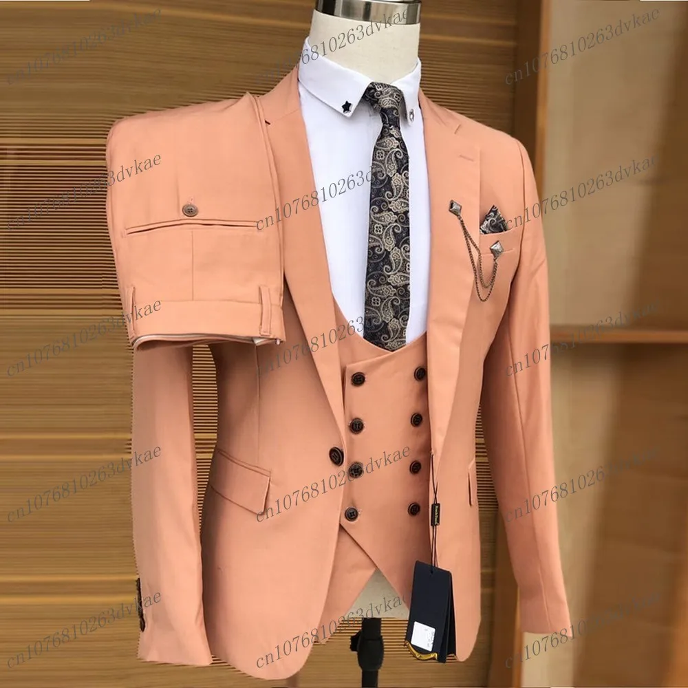 Novo coral vermelho negócios terno dos homens do noivo padrinho vestido de festa de casamento formal smoking masculino traje jaqueta calças colete 3 peça conjunto