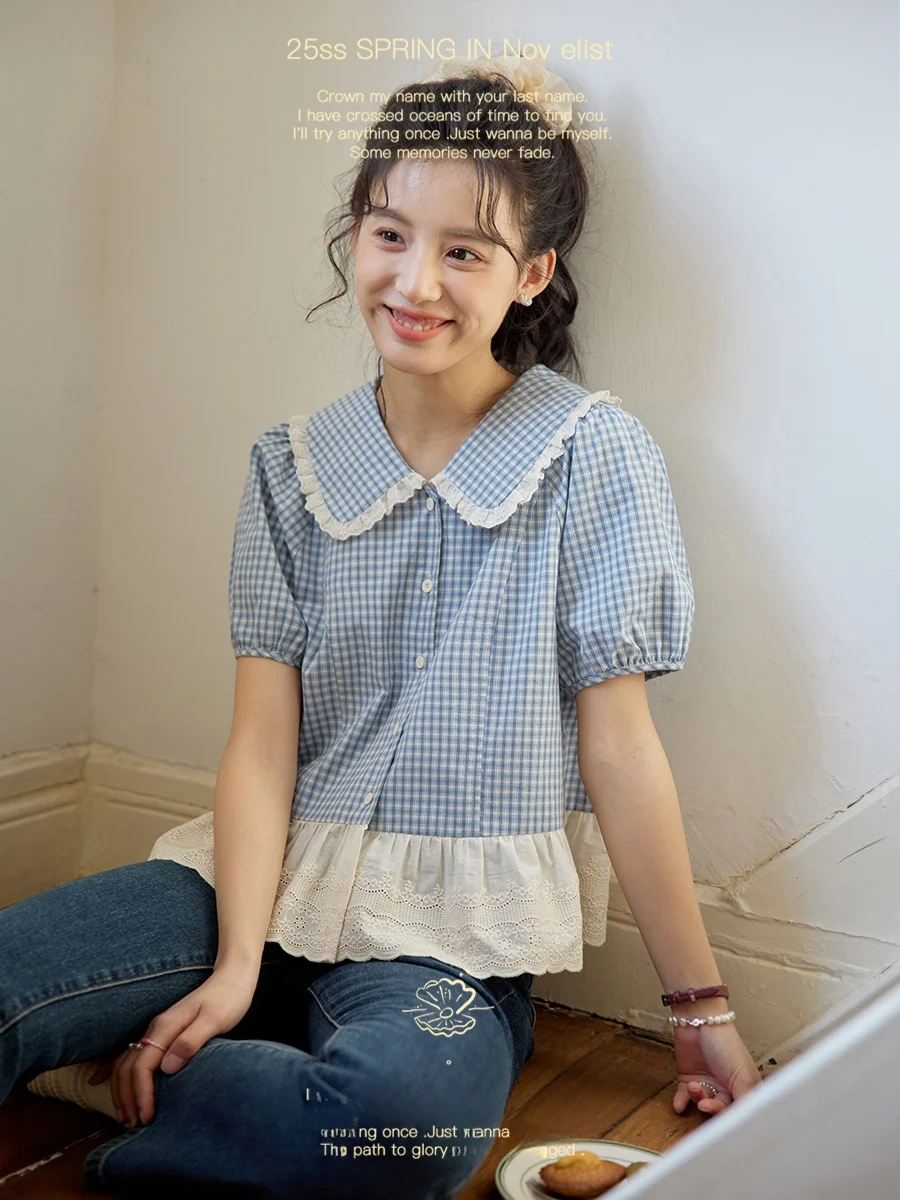 

Женская рубашка Nov Et синяя в клетку с воротником «Питер Пэн», коротким рукавом-фонариком, из хлопка, винтажный стиль, свободный крой, весна-лето