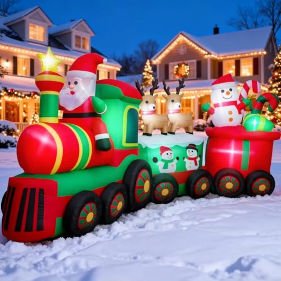 

Outdoor Christmas inflatable train with Santa, reindeer, snowman; PVC material, white/red/green; built-in LEDs, 11 FT long for