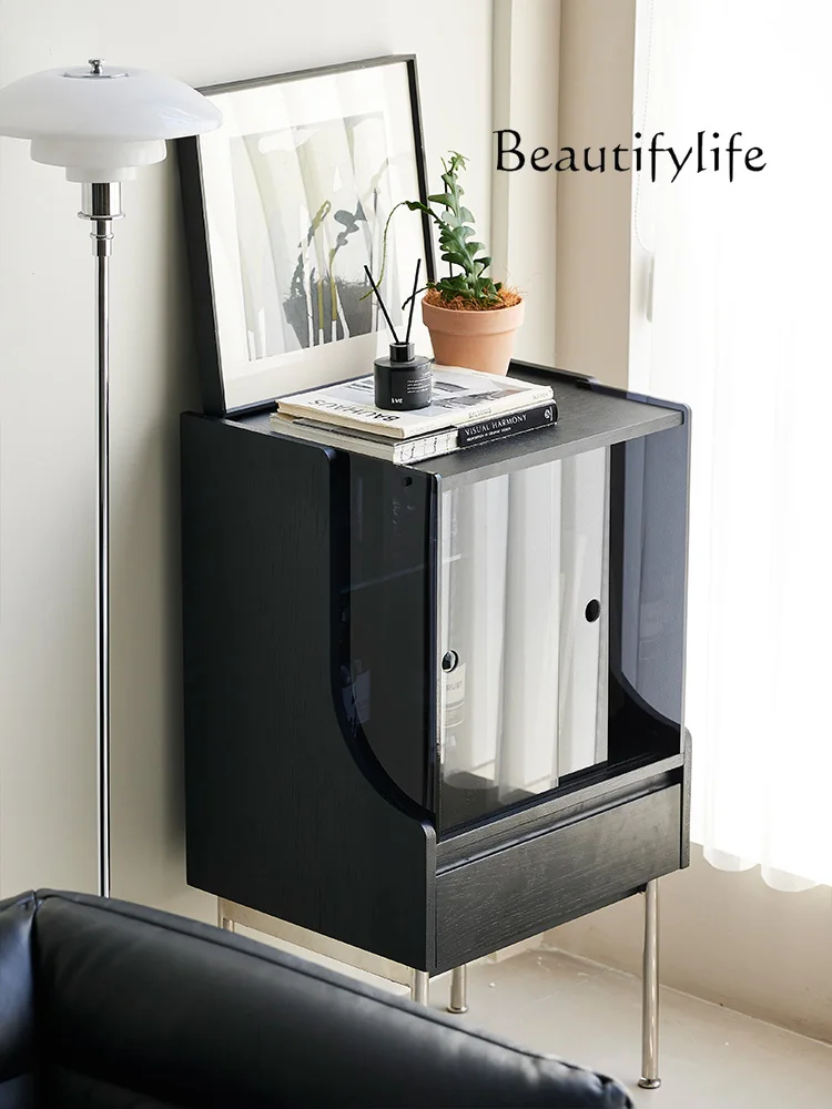 

Minimalist Sideboard Cabinet Black Solid Wood Living Room Wall Sofa Side Cabinet Light Luxury Storage Cabinet