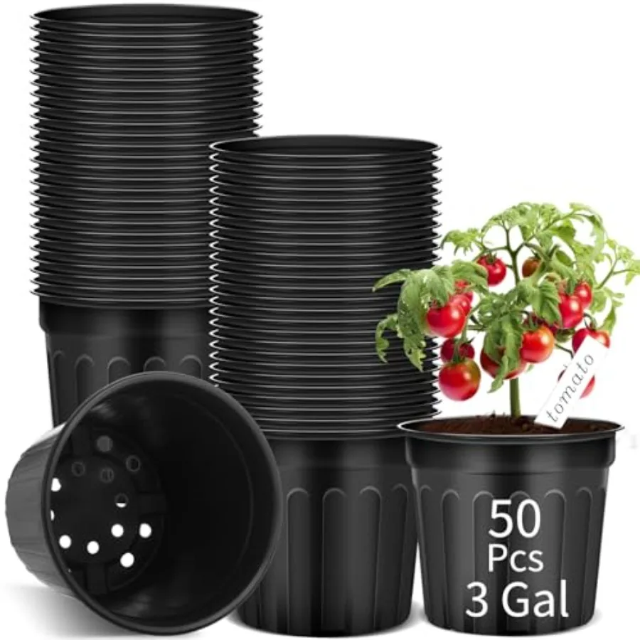 Nursery application: plastic, black, flexible 3-gallon pots with drainage holes, thickened for seed starting, succulents, cutti