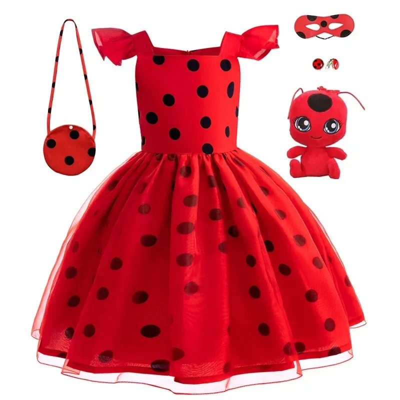 

New 2024 Halloween Lady Girls bug Birthday Party Dress Toys Earrings Retro Costume Kids Clothes Black Dot Carnival Cosplay Sets