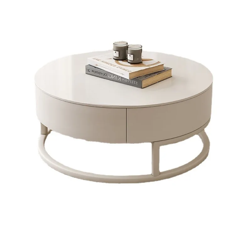 Cream Style Pure White Stone Plate Tea Table Combination Small Apartment Living Room Home round Tea Table Iron Simple Modern