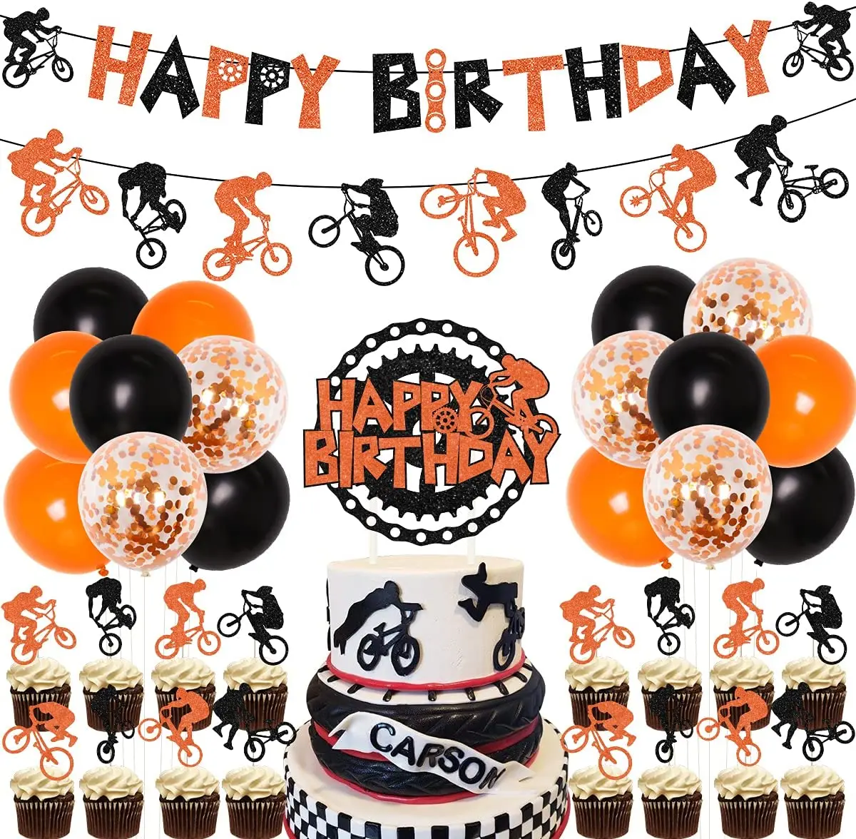 Bike Birthday Party Decorations Orange Black Balloons BMX Happy Birthday Banner Bicycle Cake Topper for Boys Birthday Supplies