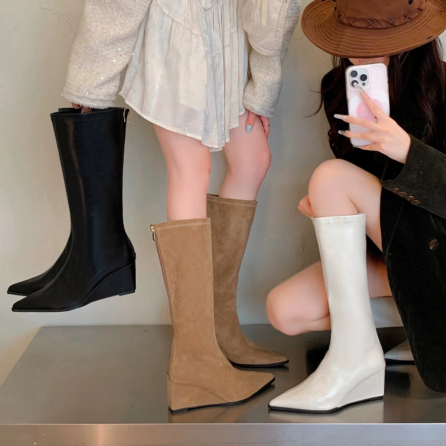 Versatile Mid-Calf Boots Women's Pointed Toe Slope Heel Fashionable Slimming Leather Boots Autumn Winter New Style Retro Wind