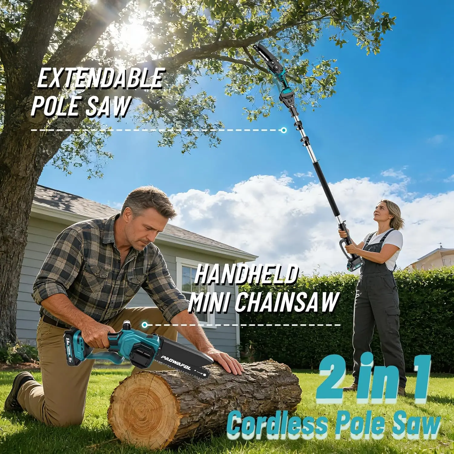Blue 2 In 1 Pole Saws Tree Trimming Mini Cordless 6 Inch Chainsaw 15 Ft Max Reach Electric Pole Saw 2 21V Batteries Auto Oil Bru