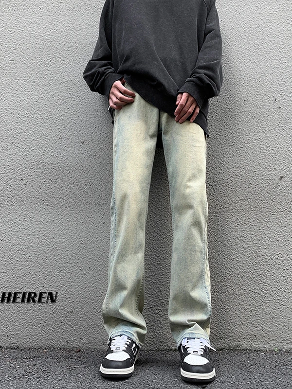 กางเกงยีนส์ผู้ชายสไตล์เรโทรอเมริกัน ทรงสลิมฟิต สีเหลืองเคลือบดิน ย้อมสีแบบไมโครเฟลร์ ทรงตรงขายาว