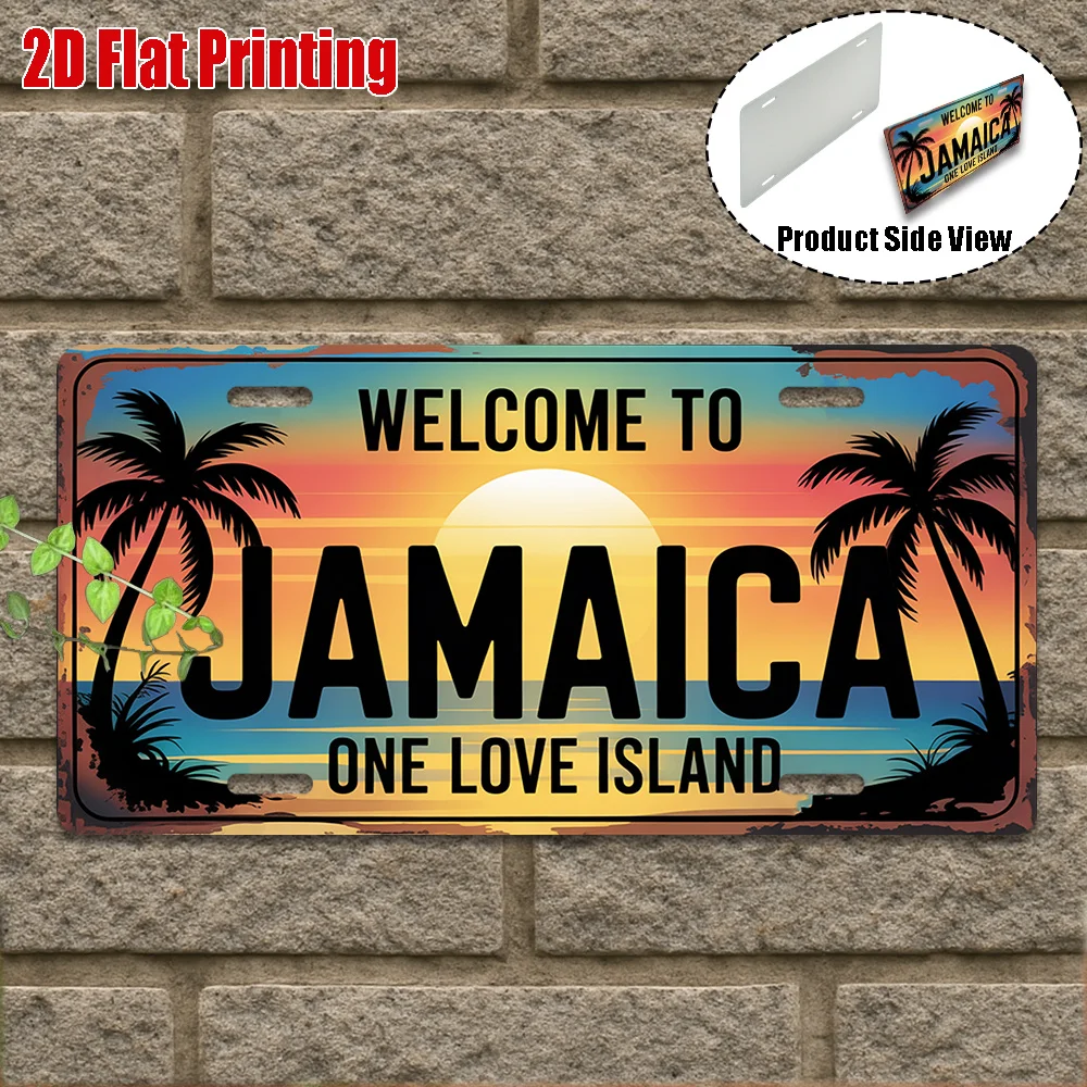 Image of Willkommen auf Jamaika One Love Island 2D Flachdruck Nummernschild-Stil Metall-Blechschild, Karibischer Sonnenuntergang Themen-Dekorationsaluminiumschild