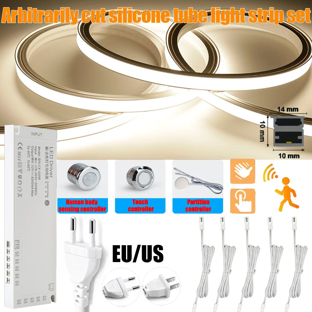 12V Silicone LED Strip Light Channel Profile for Embedded Flexible Silicone Tube LED Light Kit Bendable Shaped Cut Arbitrarily